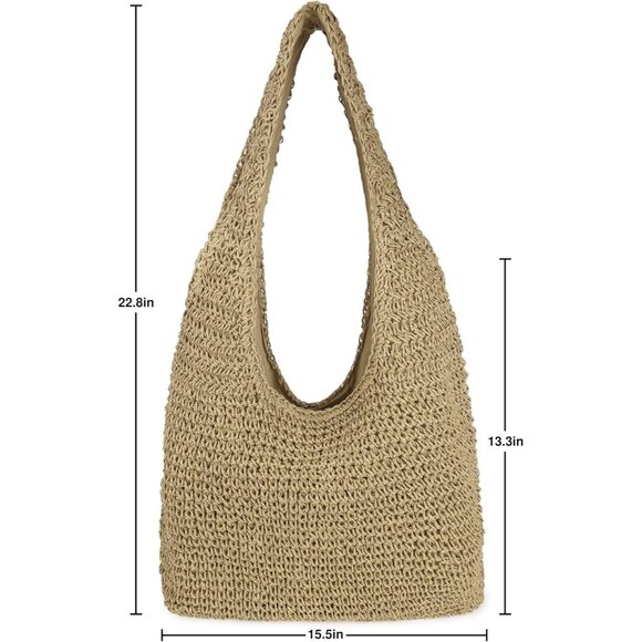 Women's Light Khaki Large Straw Beach Handmade Woven Shoulder Hobo Tote Handbag - Picture 4 of 5
